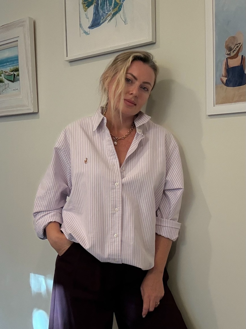 Vintage Ralph Lauren Lavender and White Striped Cotton Button-Up Shirt XL - Picture 5 of 9